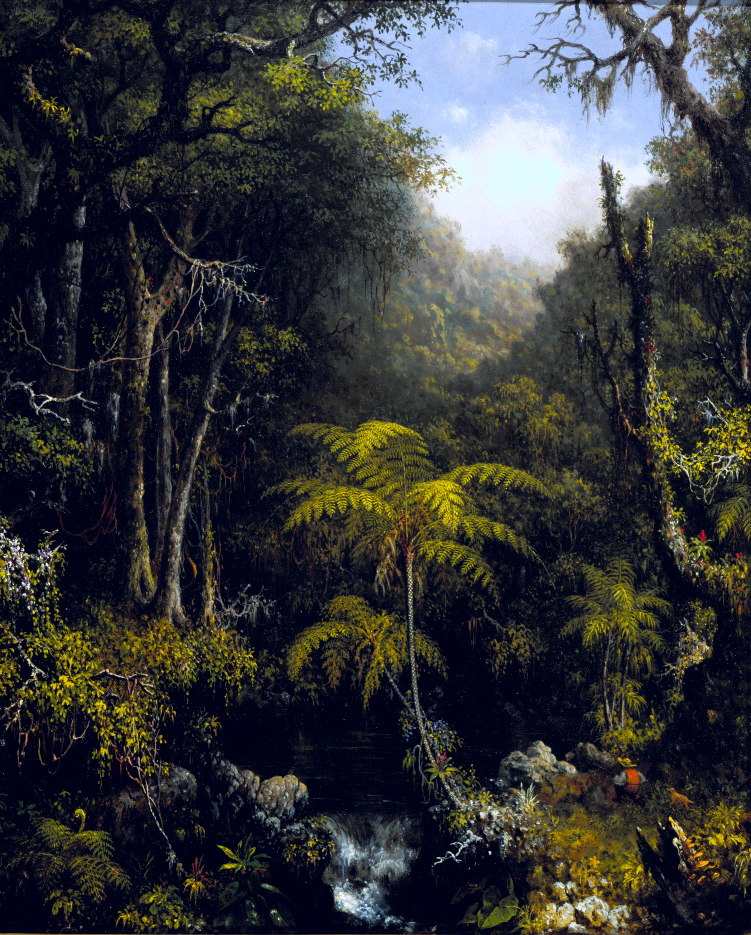 Oil on canvas painting of a lush green forest with running water and an explorer in the foreground.