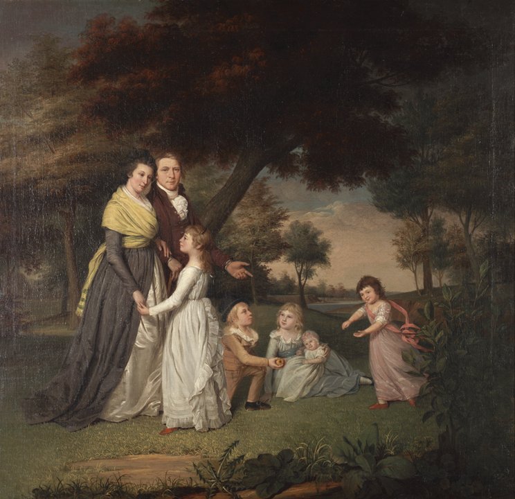 A painting in dark colors shows a family in a park-like setting. They include a mother, father, and five children, all dressed in fine clothing.