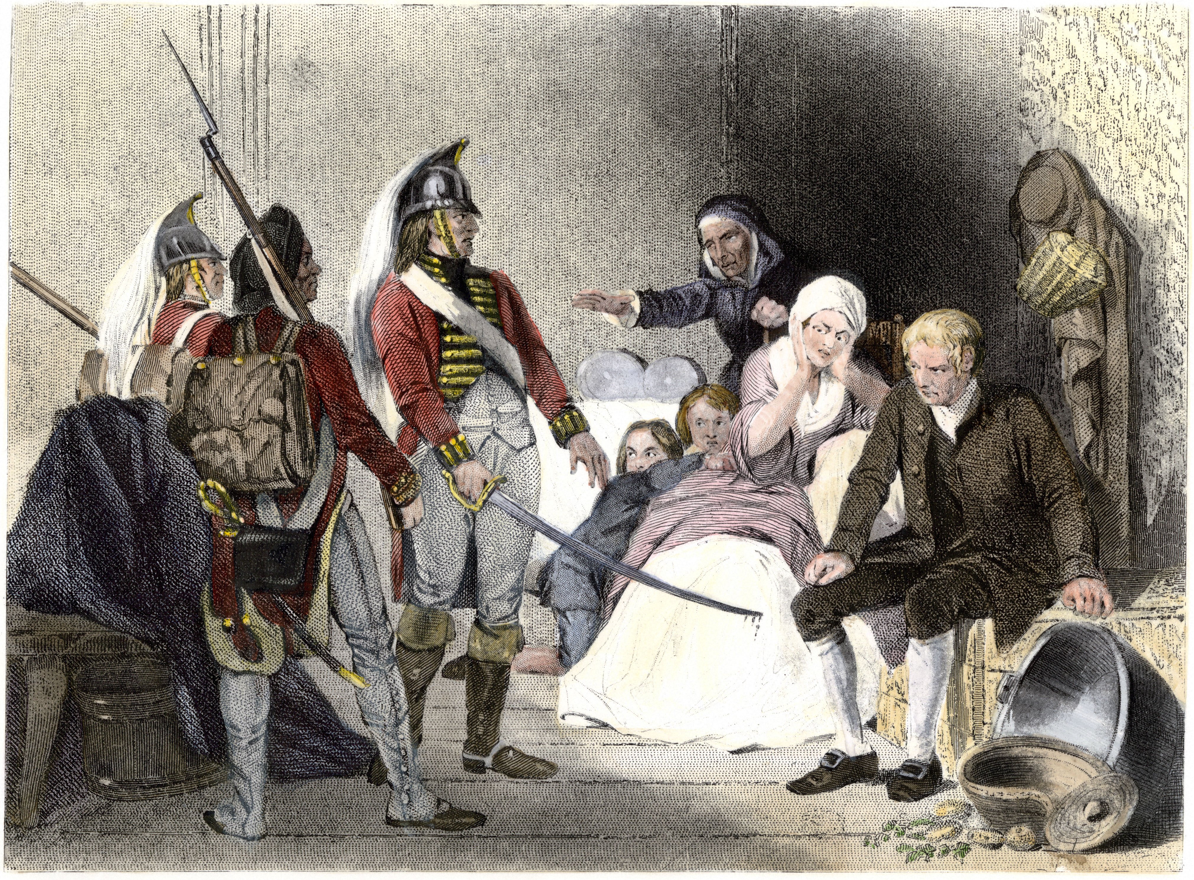 An image of a colored engraving shows three British soldiers, in their red uniforms and with their weapons, confronting a family in their own home. The family, including two young children, is cowering in a corner of a room.