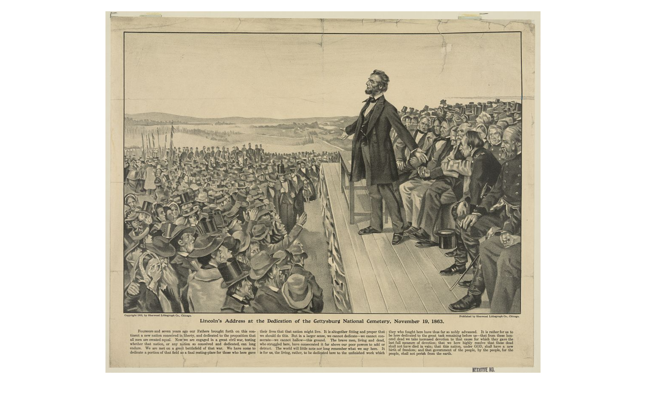 An old newspaper clipping showing a large illustration of Abraham Lincoln.
