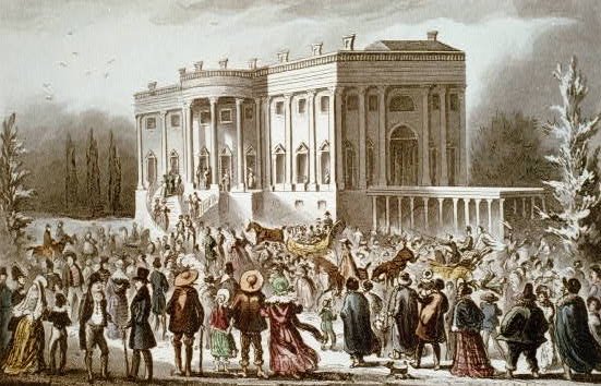 A colored painting shows a large crowd of formally dressed men, women, and children, as well as horses and a dog gathered in front of the White House.