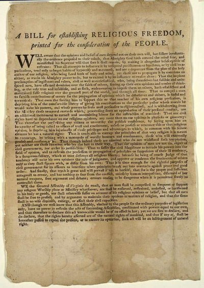 A print document is on stained, yellowed paper with torn edges. The first two lines read "A Bill for establishing Religious Freedom, printed for the consideration of the People."