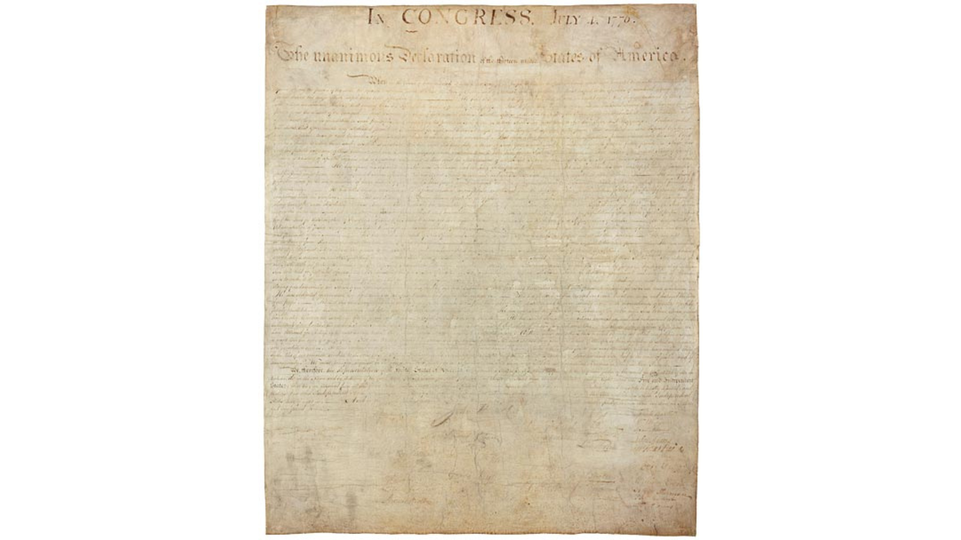 An image showing the faded text of the original Declaration of Indenpendence. Legible words at the top read: "In Congress. July 4, 1770. The unanimous Declaration of the thirteen united States of America."