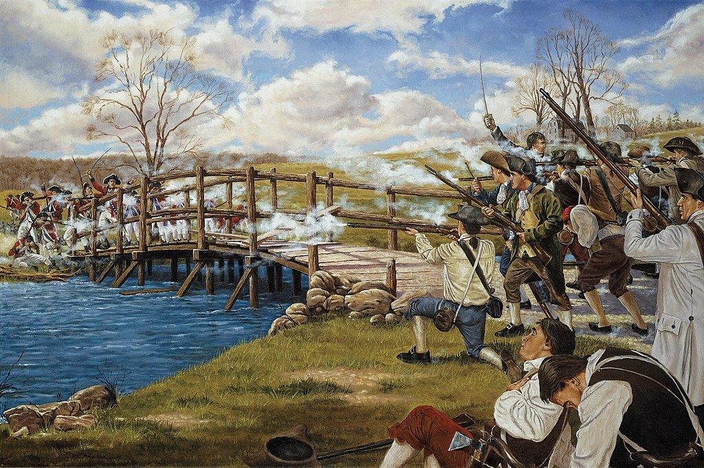 A painting showing a skirmish between colonists and British soldiers at the North Bridge.